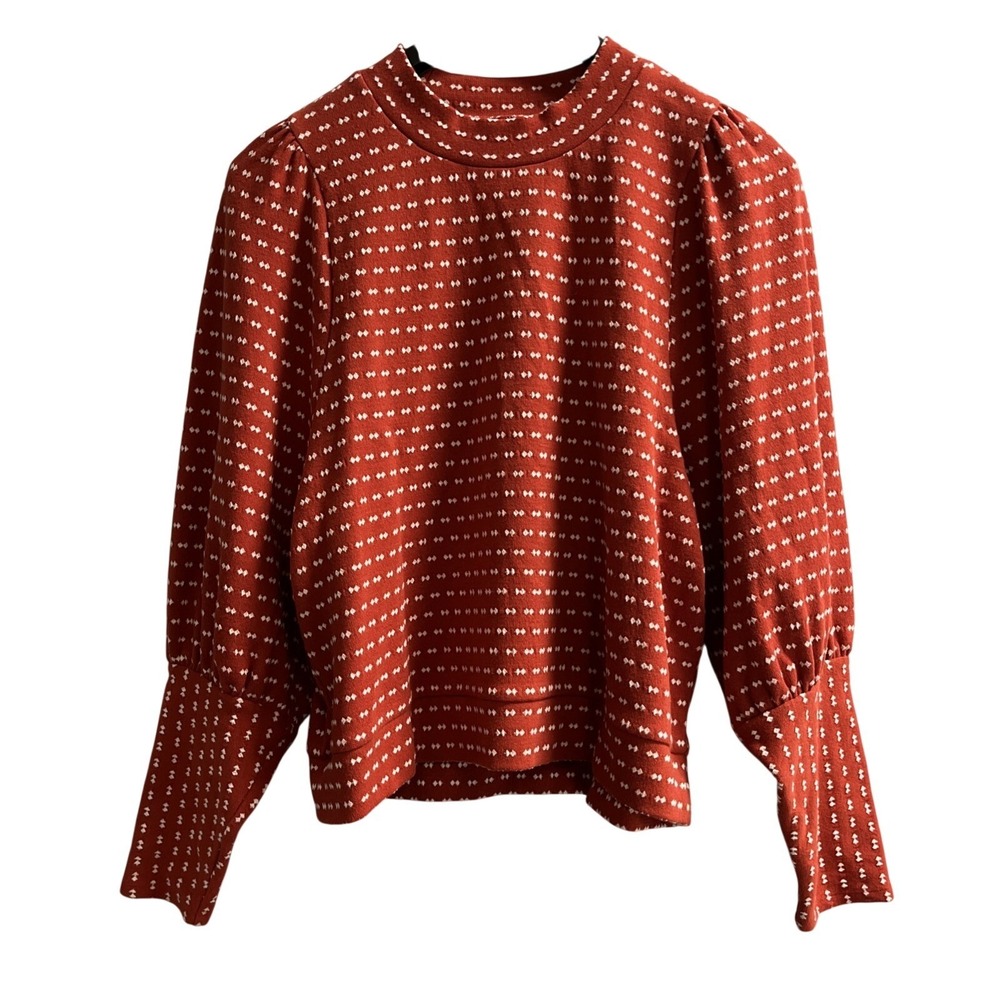 Madewell Top Womens L Burnt Orange Bow Tie Jacquard Mock Neck Balloon Sleeve